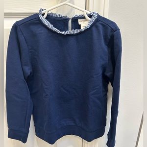 Crewcuts navy sweatshirt with seersucker ruffle.